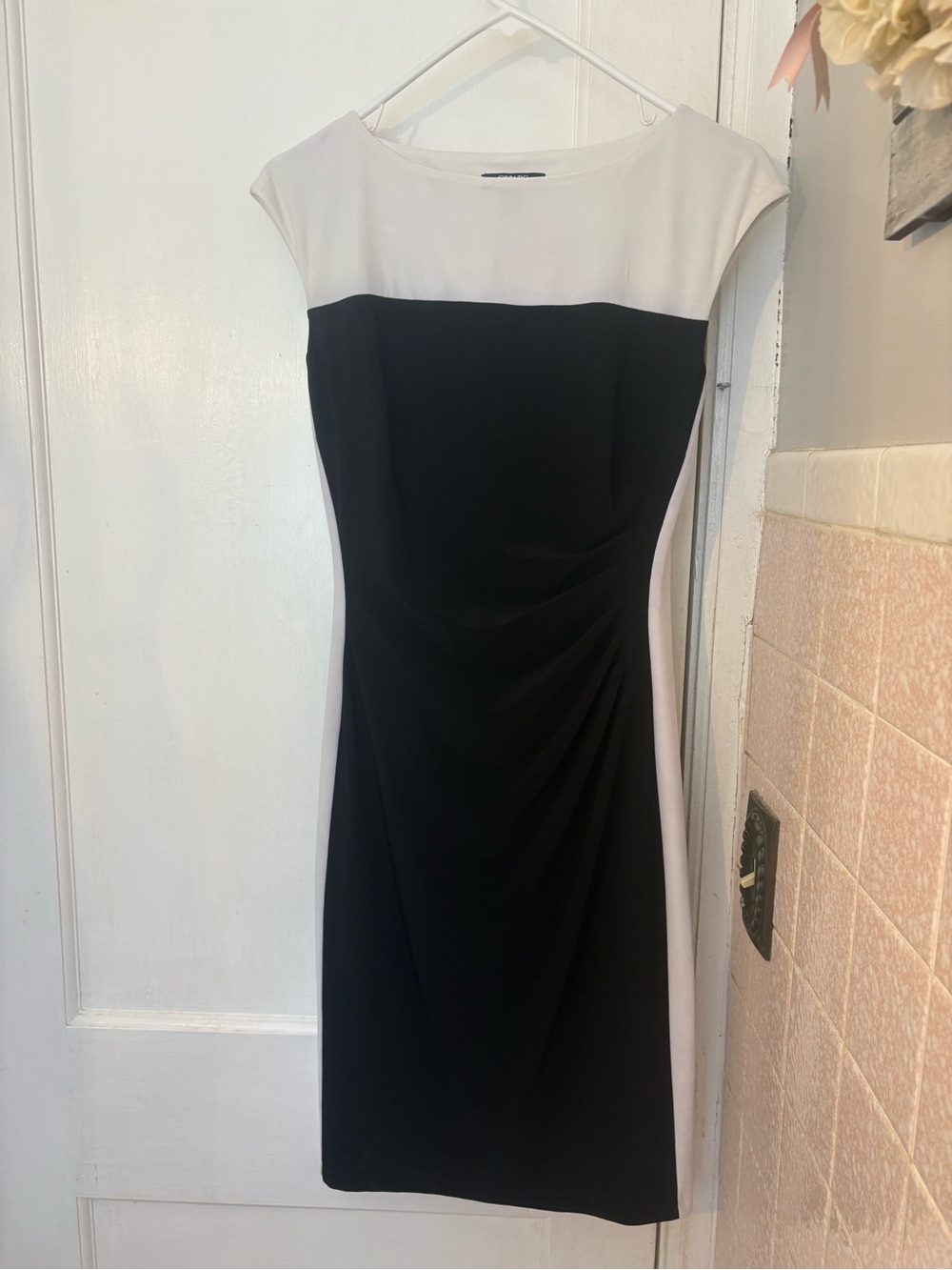 Chaps Black and White Colorblock Midi Sheath Dress